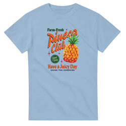 Pineapple graphic women's tee on light blue cotton blend, crew neck, short sleeves with a vibrant pineapple design