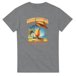 Women's tropical cocktail graphic tee in cotton blend with island scene; white/blue/grey/pink/black.