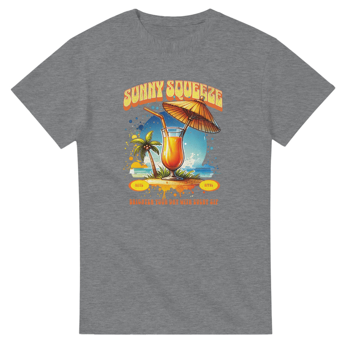 Women's tropical cocktail graphic tee in cotton blend with island scene; white/blue/grey/pink/black.