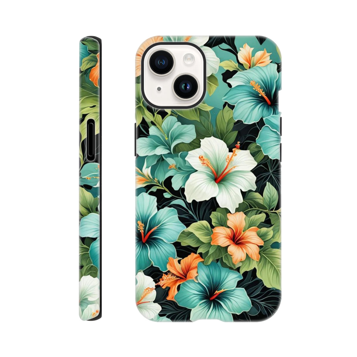Tropical hibiscus pattern iPhone case featuring teal, white, and orange flowers with lush green leaves on a dark background.