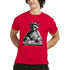 Statue of Liberty DJ graphic on red men's T-shirt with headphones, spinning on a turntable.