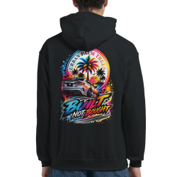Black hoodie featuring colorful modified car graphic with palm trees and "Built Not Bought" text on the back.