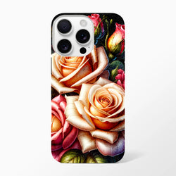Tough iPhone case featuring romantic peach and pink rose floral design with reinforced corners and clear lens cutout for daily protection.