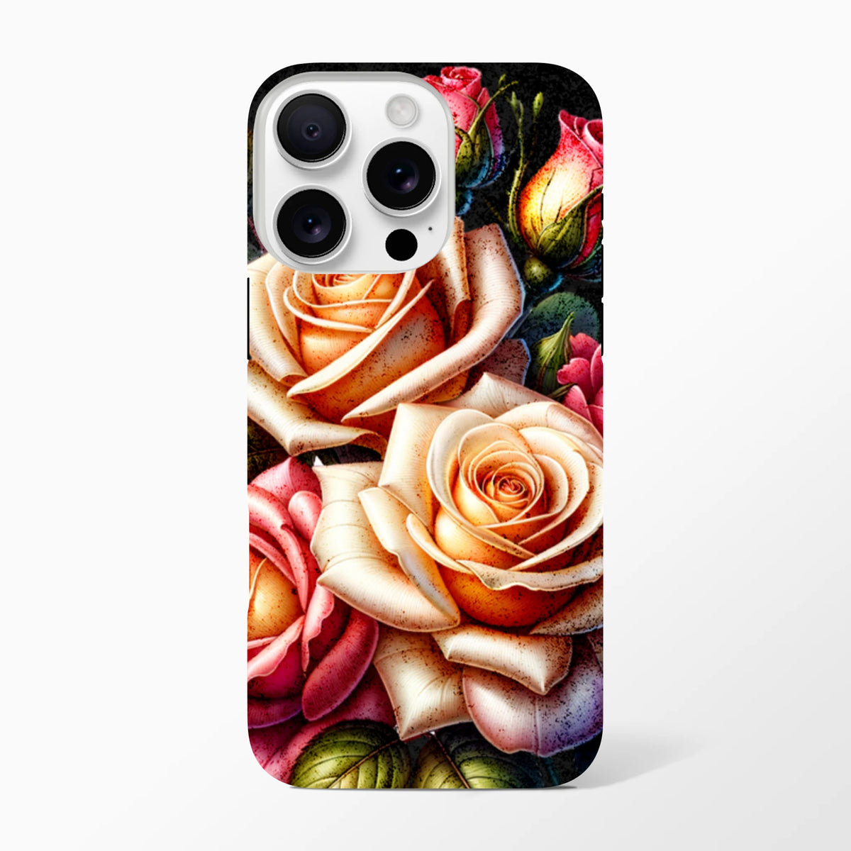 Tough iPhone case featuring romantic peach and pink rose floral design with reinforced corners and clear lens cutout for daily protection.