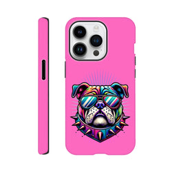 Pink Bulldog tough iPhone case with bold retro dog print; shock-absorbing protection for iPhone 13-16.