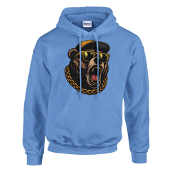 Men's Grizzly Bear Hoodie in blue, soft cotton blend, bear graphic with sunglasses and gold chain.