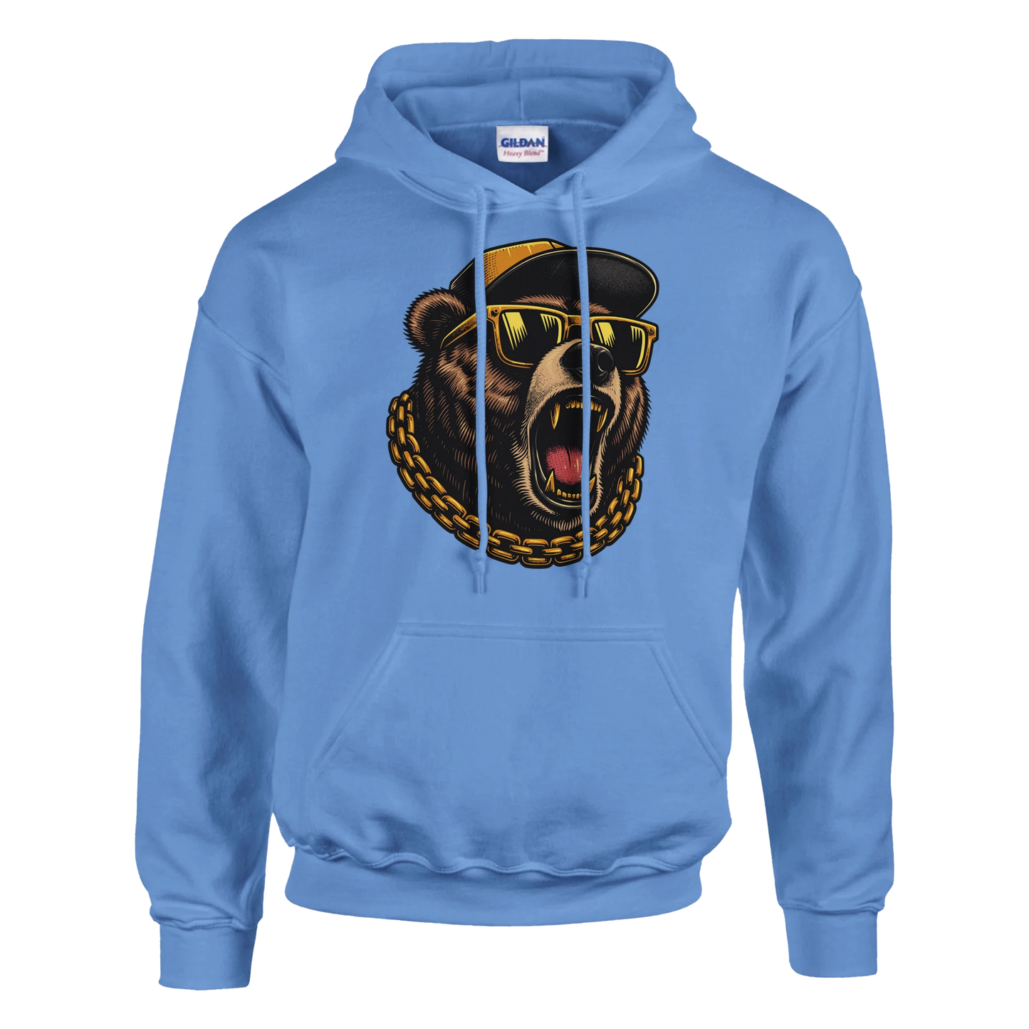 Blue men's grizzly bear hoodie with a bear graphic wearing sunglasses and a cap on a white background
