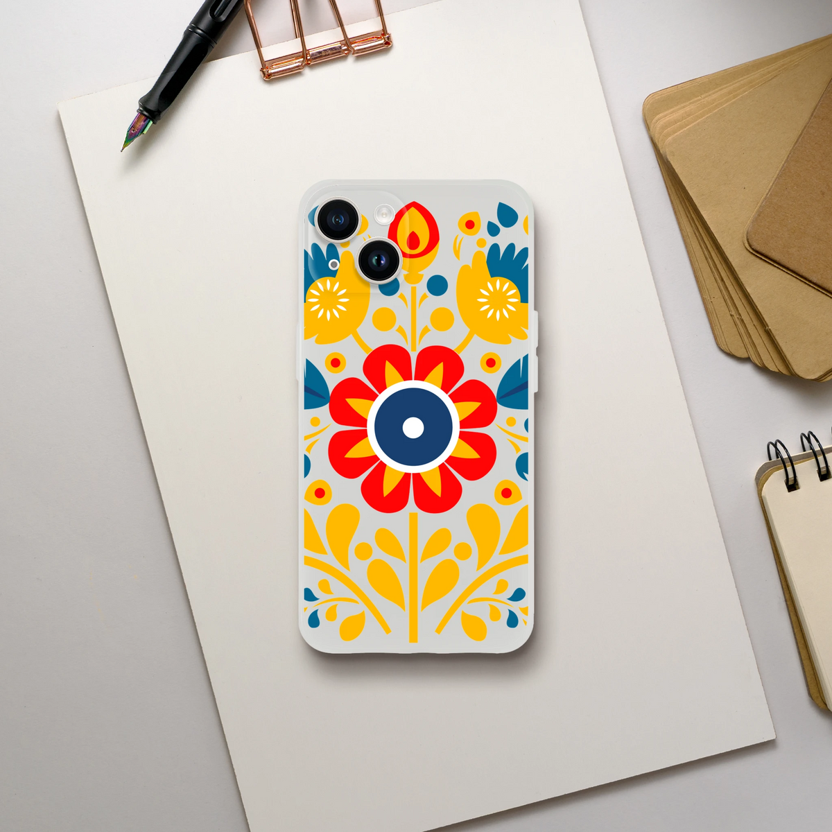 Floral slim protective case for iPhone 13–16; transparent shell with bold red flower, blue center, and yellow accents.