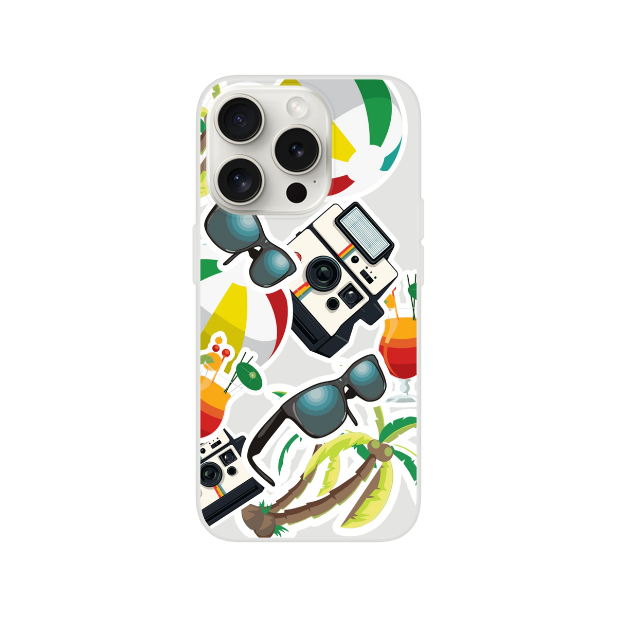 Transparent iPhone case featuring tropical summer sticker designs with palm trees, vintage cameras, sunglasses, and colorful cocktails.