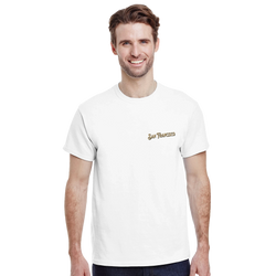 Smiling man wearing San Francisco Graphic T-Shirt with Golden Gate Bridge travel graphic.