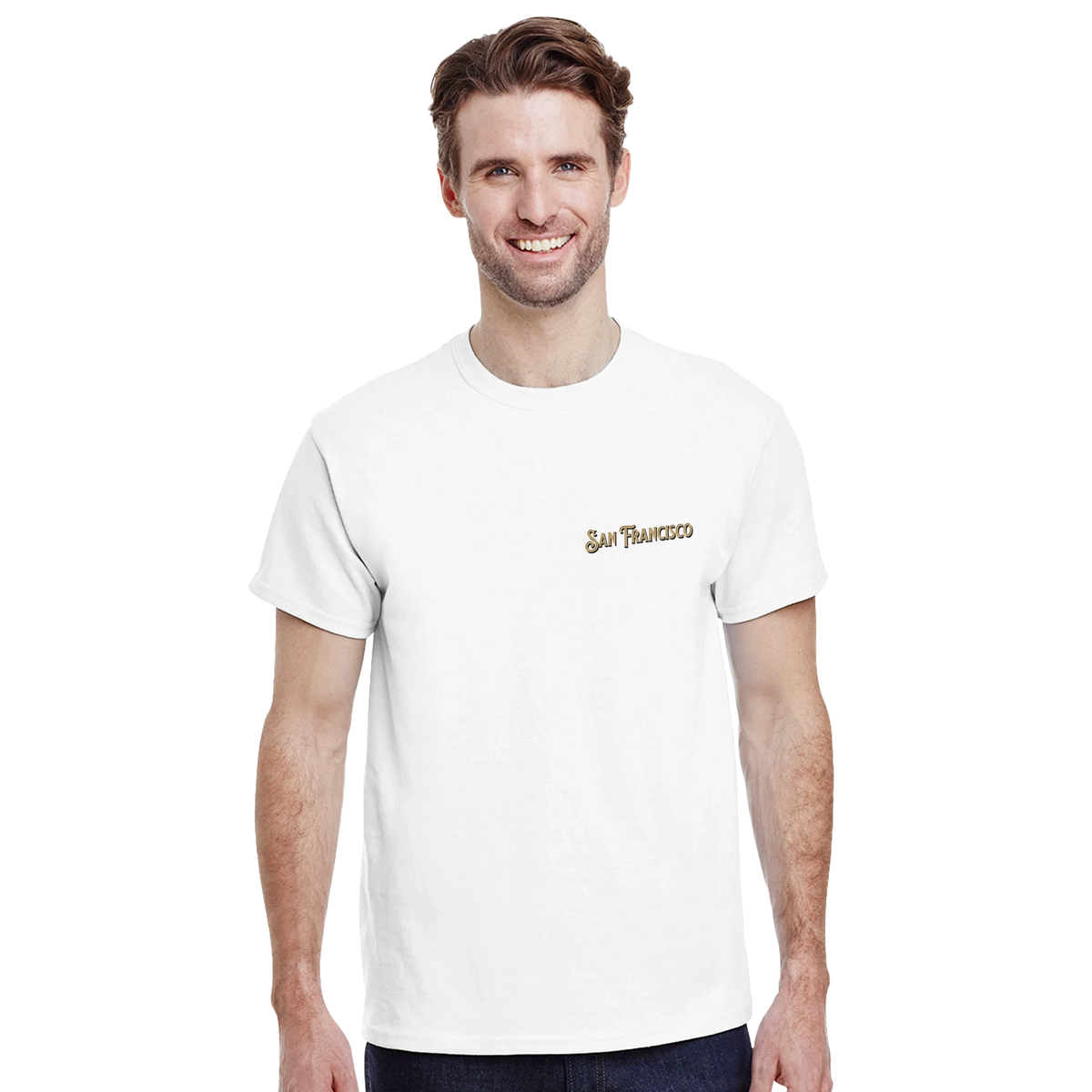 Smiling man wearing San Francisco Graphic T-Shirt with Golden Gate Bridge travel graphic.
