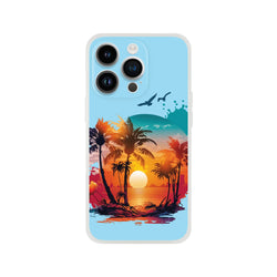 Cute Sunset iPhone Case (13-16) with palm trees at sunset over water in a Y2K aesthetic design.