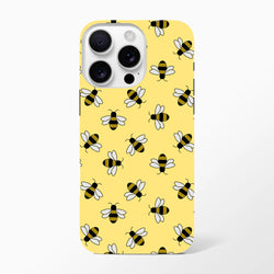 Yellow iPhone case featuring a Cute Bumble Bee pattern with black and white bees on a bright yellow background for everyday protection.