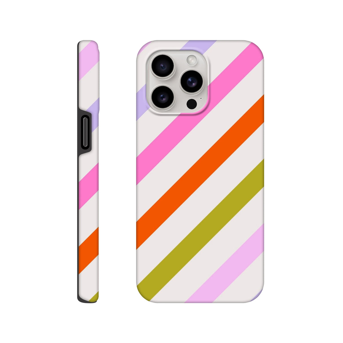 Retro colourful diagonal stripe tough iPhone case with pink, orange, and green stripes on white for drop protection.