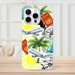 Clear iPhone case featuring travel sticker design with palm trees, planes, passports, and compass graphics.