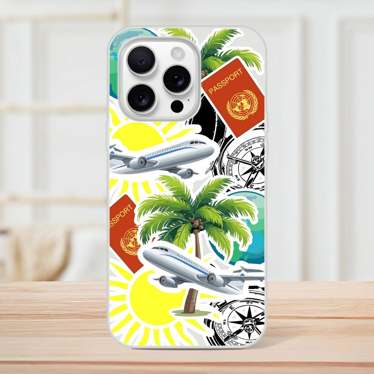 Clear iPhone case featuring travel sticker design with palm trees, planes, passports, and compass graphics.