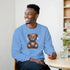 Man wearing blue Stressed Teddy Bear men's graphic sweatshirt with stitched bear design on soft cotton blend sizes S–XL