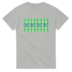 Gray women's T-shirt with a green gingham panel and blue bows on the front.