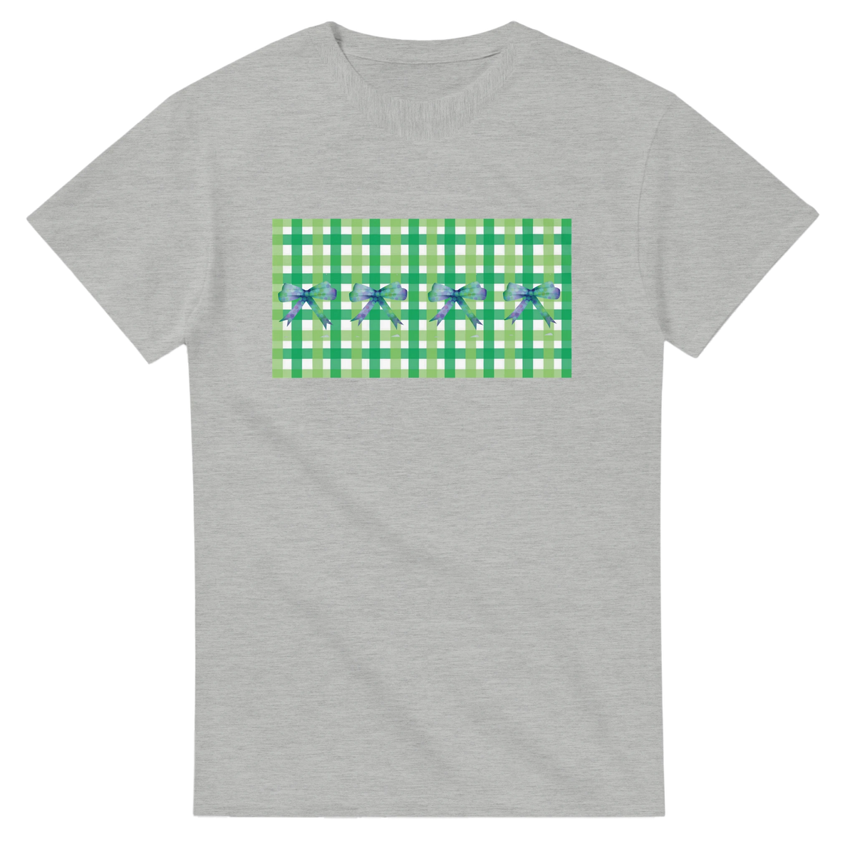 Gray women's T-shirt with a green gingham panel and blue bows on the front.