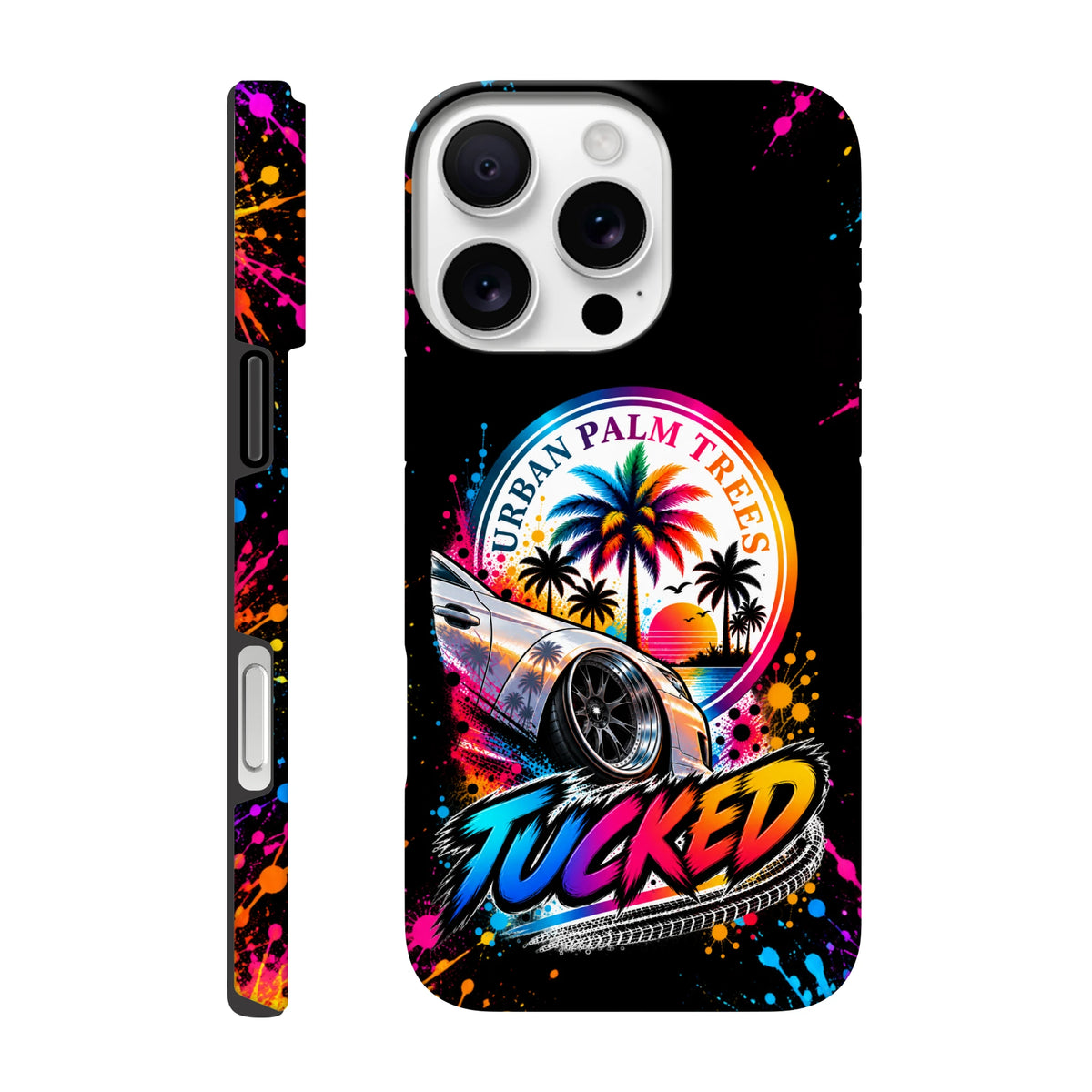 Tucked Petrolhead iPhone case featuring a lowered modified car, Urban Palm Trees sunset graphic, and colorful paint splatters on black.