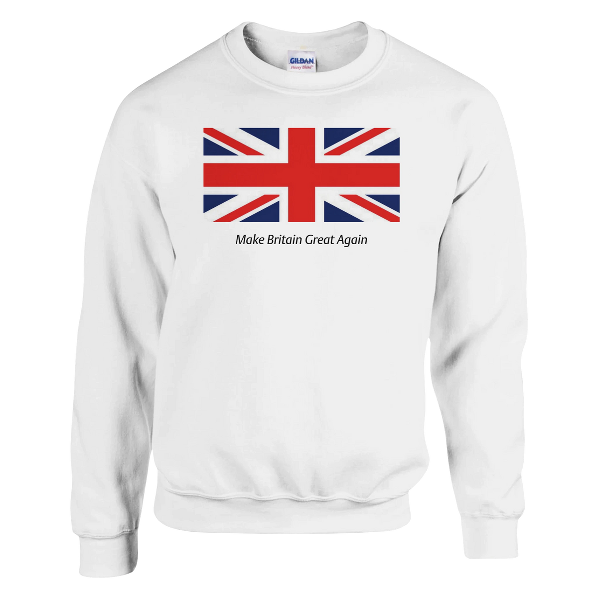 Union Jack Make Britain Great Again men's graphic sweatshirt on white, 50/50 cotton-poly, sizes S-XL.