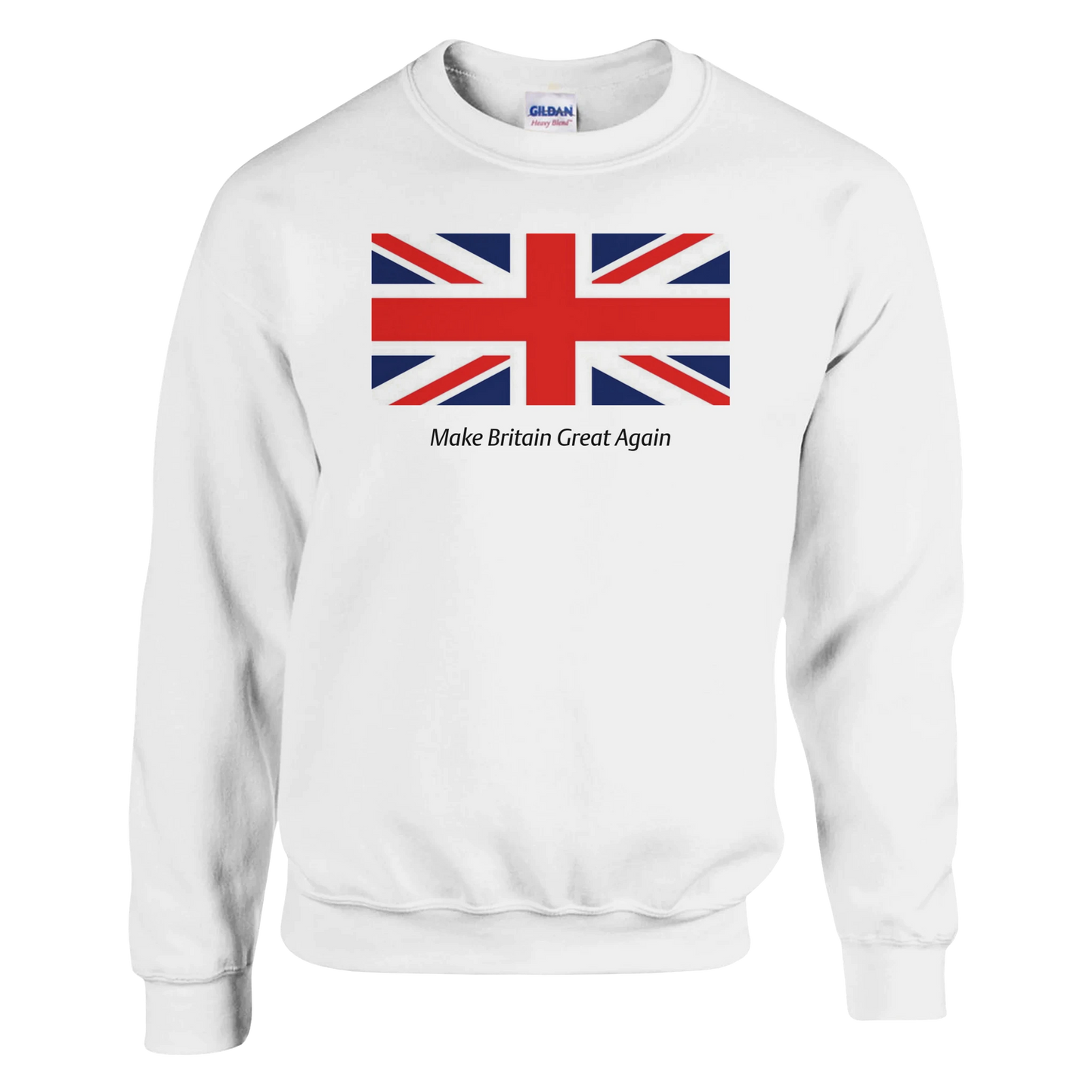 White Mens graphic sweatshirt with Union Jack design and text 'Make Britain Great Again' on a white background fronr