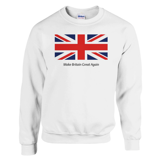 White Mens graphic sweatshirt with Union Jack design and text 'Make Britain Great Again' on a white background fronr
