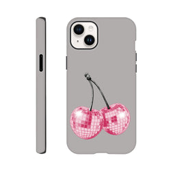 Grey iPhone case featuring pink disco ball cherry design. Tough glitterball fruit cover for iPhone 13 through 16.