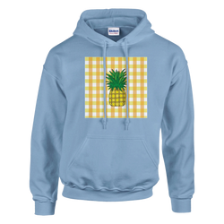 Light blue retro hoodie featuring a vintage pineapple graphic set against a yellow and white gingham check background.