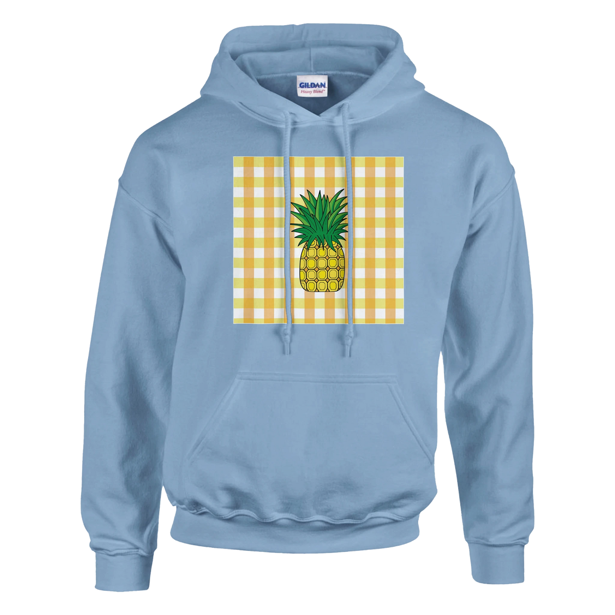 Light blue retro hoodie featuring a vintage pineapple graphic set against a yellow and white gingham check background.