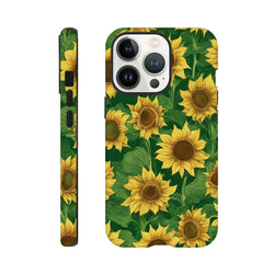 Tough iPhone case featuring a vibrant sunflower floral pattern on a dark green background with wraparound side print protection.
