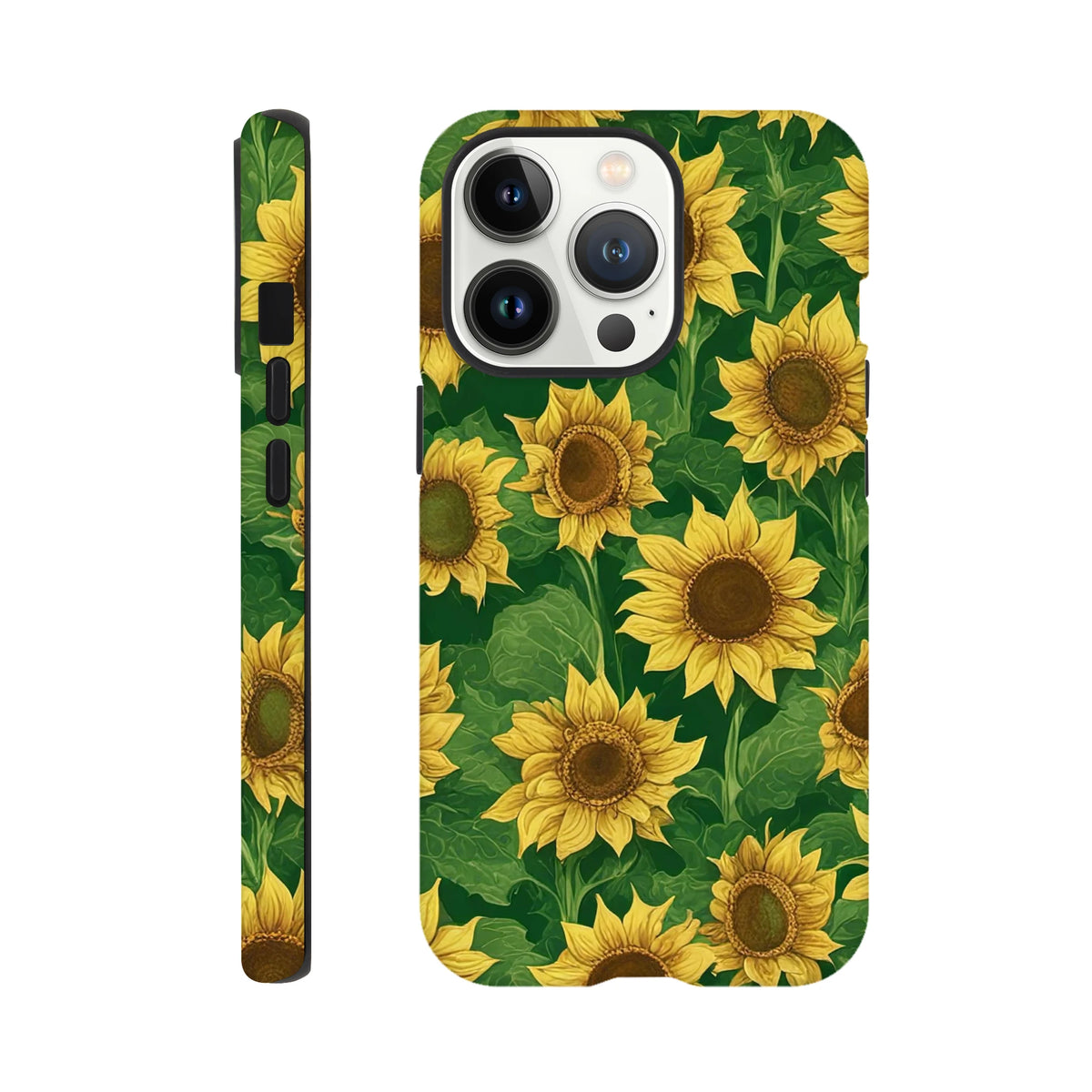 Tough iPhone case featuring a vibrant sunflower floral pattern on a dark green background with wraparound side print protection.