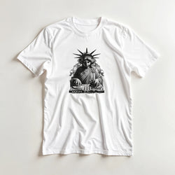 White men's t-shirt featuring a black graphic of the Statue of Liberty wearing headphones and mixing at a DJ turntable.