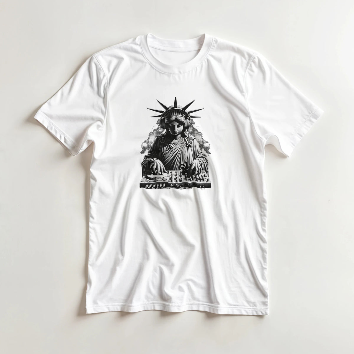 White men's t-shirt featuring a black graphic of the Statue of Liberty wearing headphones and mixing at a DJ turntable.