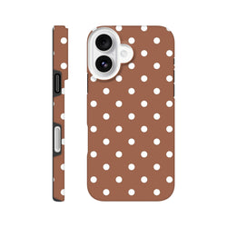 Retro brown & white polka dot tough iPhone case with dual-layer impact resistance and shock-absorbing TPU for iPhone 13-16.