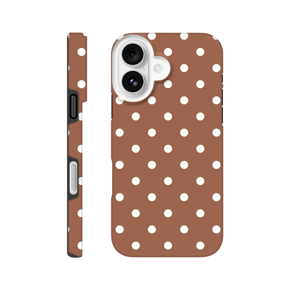 Retro brown & white polka dot tough iPhone case with dual-layer impact resistance and shock-absorbing TPU for iPhone 13-16.