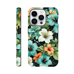 Tropical floral iPhone case featuring teal, white, and orange hibiscus flowers with lush green leaves on a dark background.