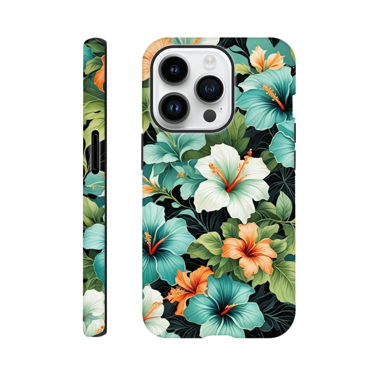 Tropical floral iPhone case featuring teal, white, and orange hibiscus flowers with lush green leaves on a dark background.