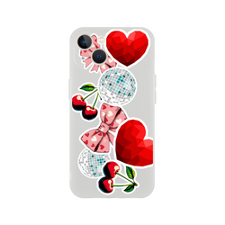 Transparent iPhone case featuring Y2K sticker art with cherries, pink bows, faceted hearts, and disco balls for a glossy club-ready look.