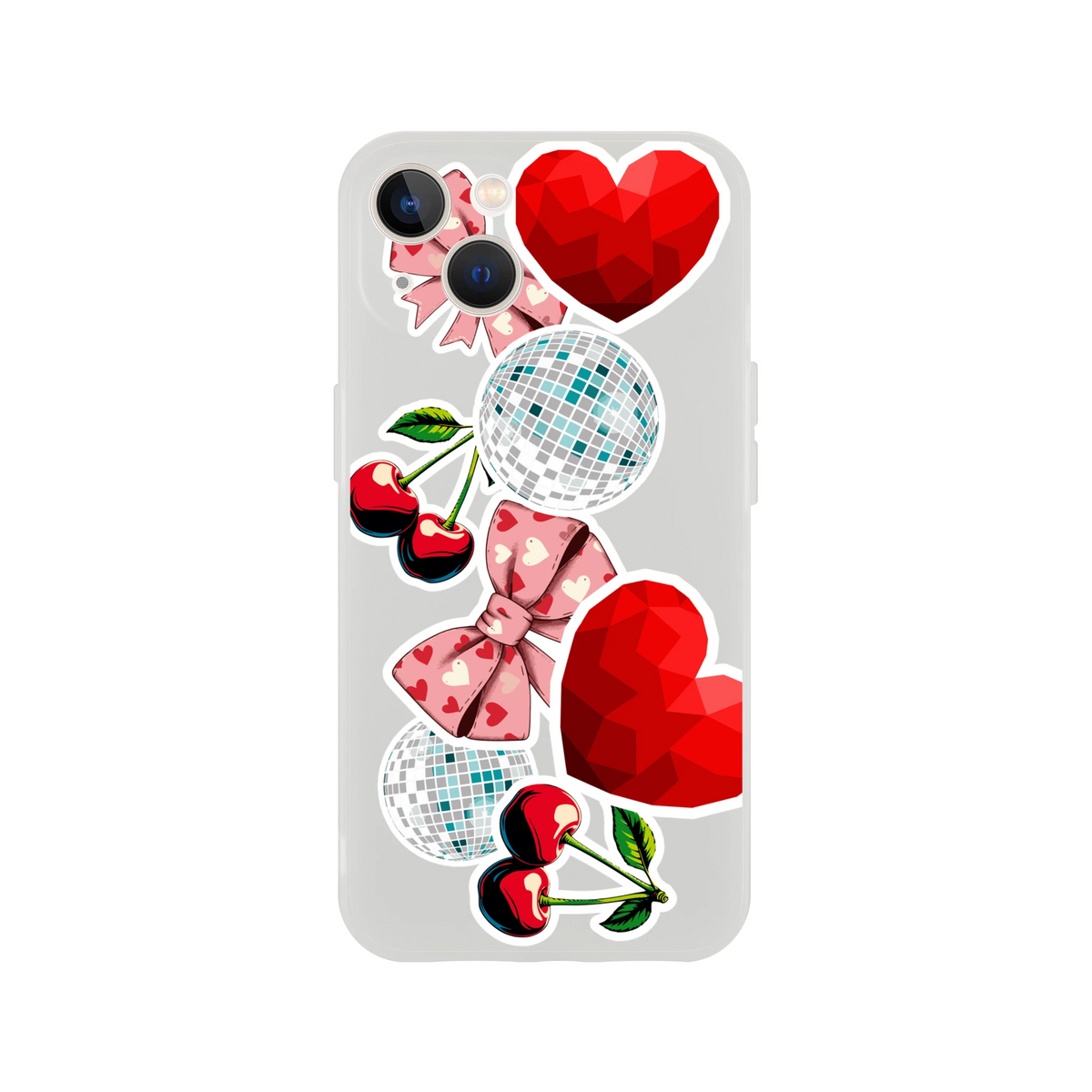 Transparent iPhone case featuring Y2K sticker art with cherries, pink bows, faceted hearts, and disco balls for a glossy club-ready look.