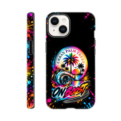 On Boost iPhone case featuring colorful turbocharger and palm tree graphic with paint splatter sides for modified car culture.