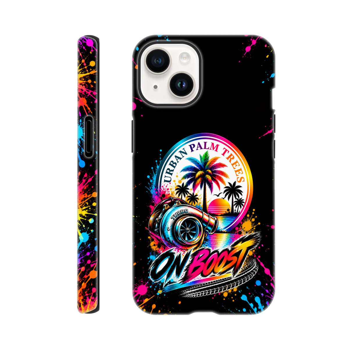 On Boost iPhone case featuring colorful turbocharger and palm tree graphic with paint splatter sides for modified car culture.