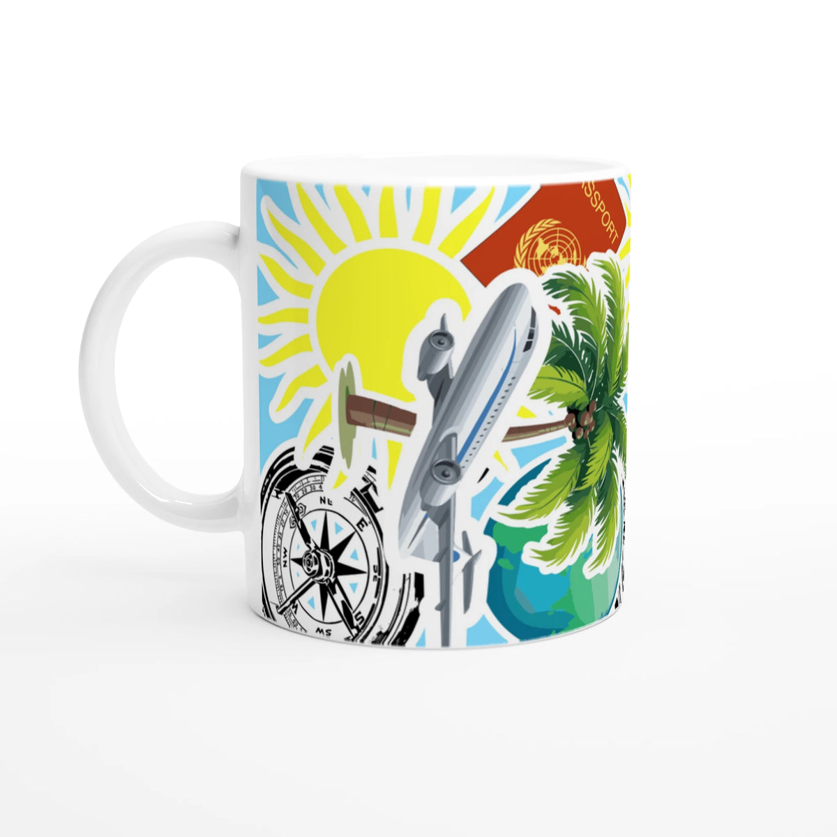 Travel adventure ceramic mug featuring airplane, compass, palm tree, sun, and passport design for coffee lovers.