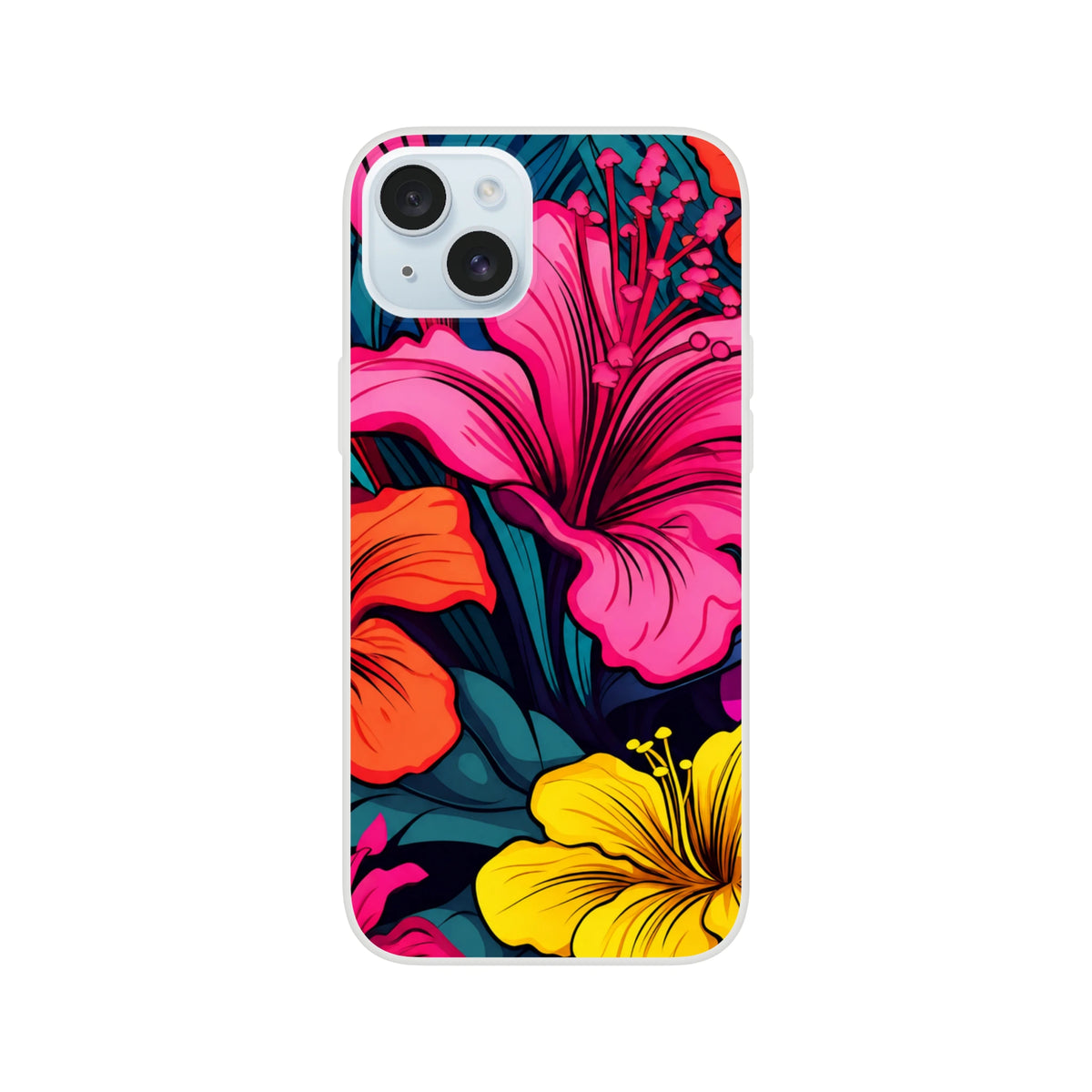 Colourful Tropical Hibiscus iPhone Case (13-16) Floral Phone Cover with slim, flexible silhouette and matte finish.