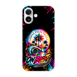 On Boost car culture iPhone case featuring a turbocharger, colorful palm trees, and vibrant paint splatter art on a black background.