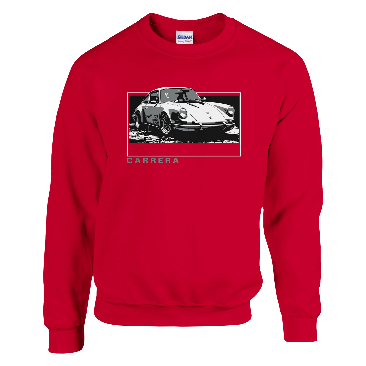 Red Carrera car jumper graphic sweatshirt with a black-and-white car inside a white rectangular frame.