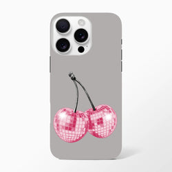Gray iPhone case featuring pink disco ball cherry design. Tough protective fruit phone cover for iPhone 13 through 16 models.