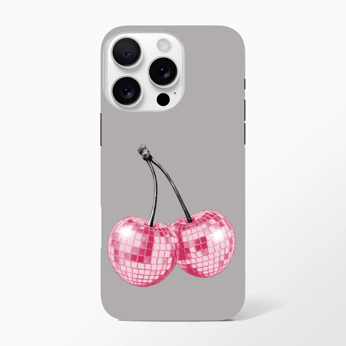 Gray iPhone case featuring pink disco ball cherry design. Tough protective fruit phone cover for iPhone 13 through 16 models.