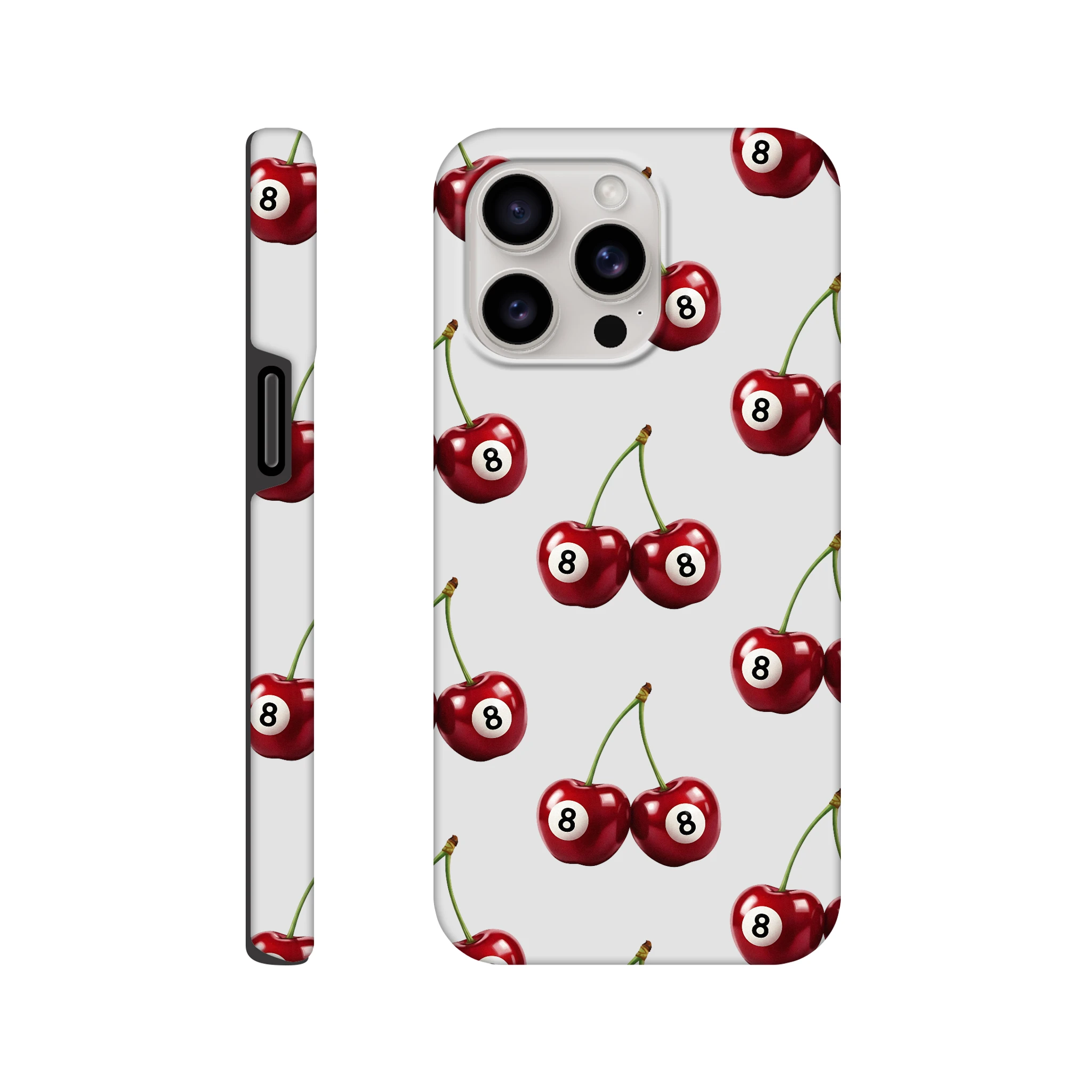 Lucky Cherries tough protective case with cherry wraparound print and dual-layer glossy finish for iPhone 16/15/14/13
