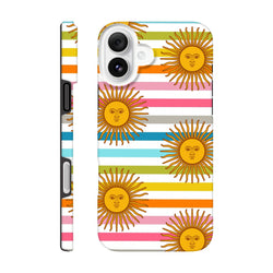 Retro sun stripe iPhone case with celestial sun faces over multicolored horizontal stripes and tough side protection.